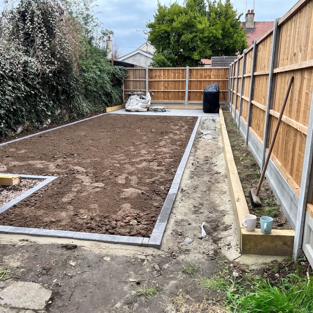 Back garden before: levelled soil inside new block edging